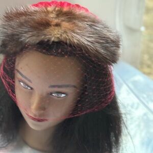 Mink Vintage Red Pleated Velvet Fur Trim Pillbox Hat with Birdcage Veil